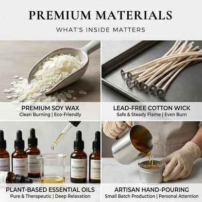 Premium Materials infographic - premium soy wax, lead-free cotton wick, plant-based essential oils and artisan hand-pouring process
