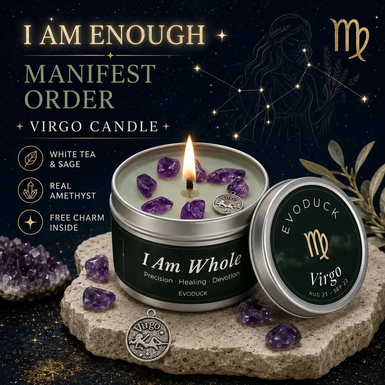 Virgo Zodiac Candle I Am Whole with amethyst crystals and Virgo charm - White Tea and Sage, Manifest Order, Free Charm Inside