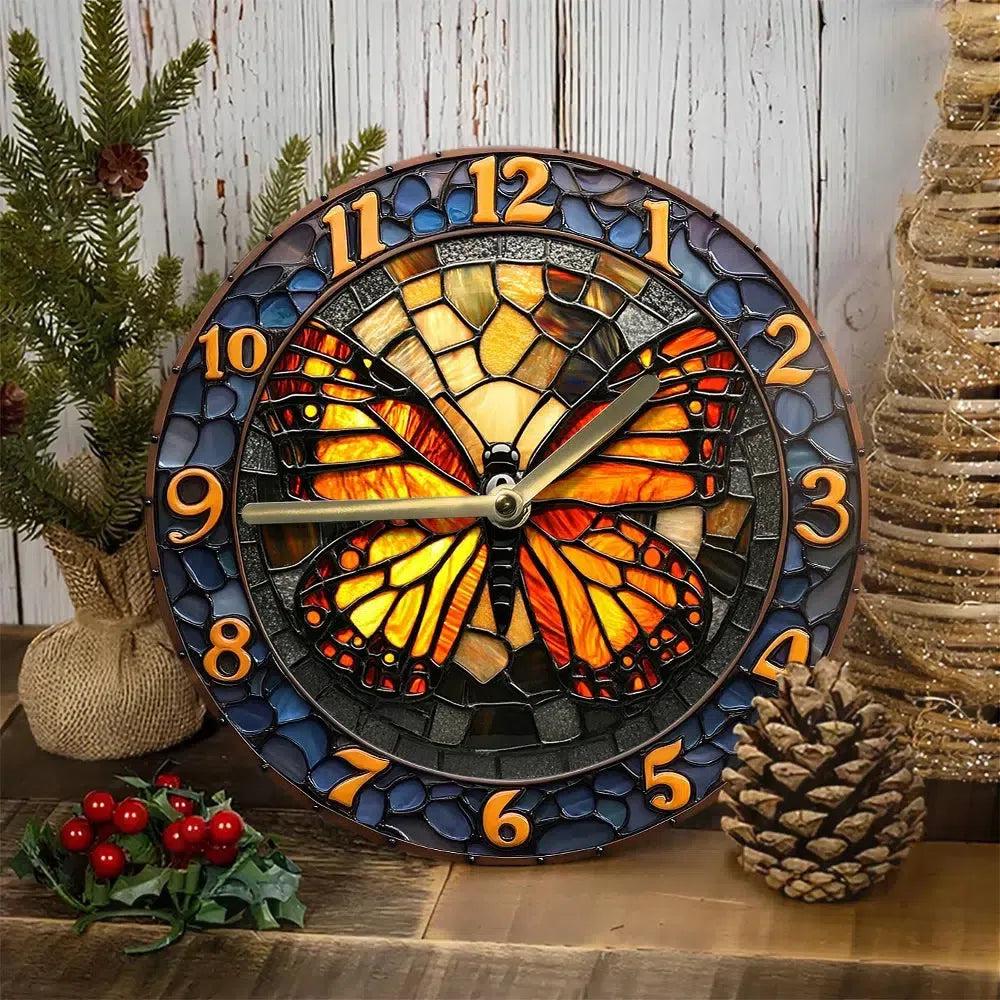 Wall Clock with Butterfly Design Vibrant Mosaic Art Decor-MoonChildWorld