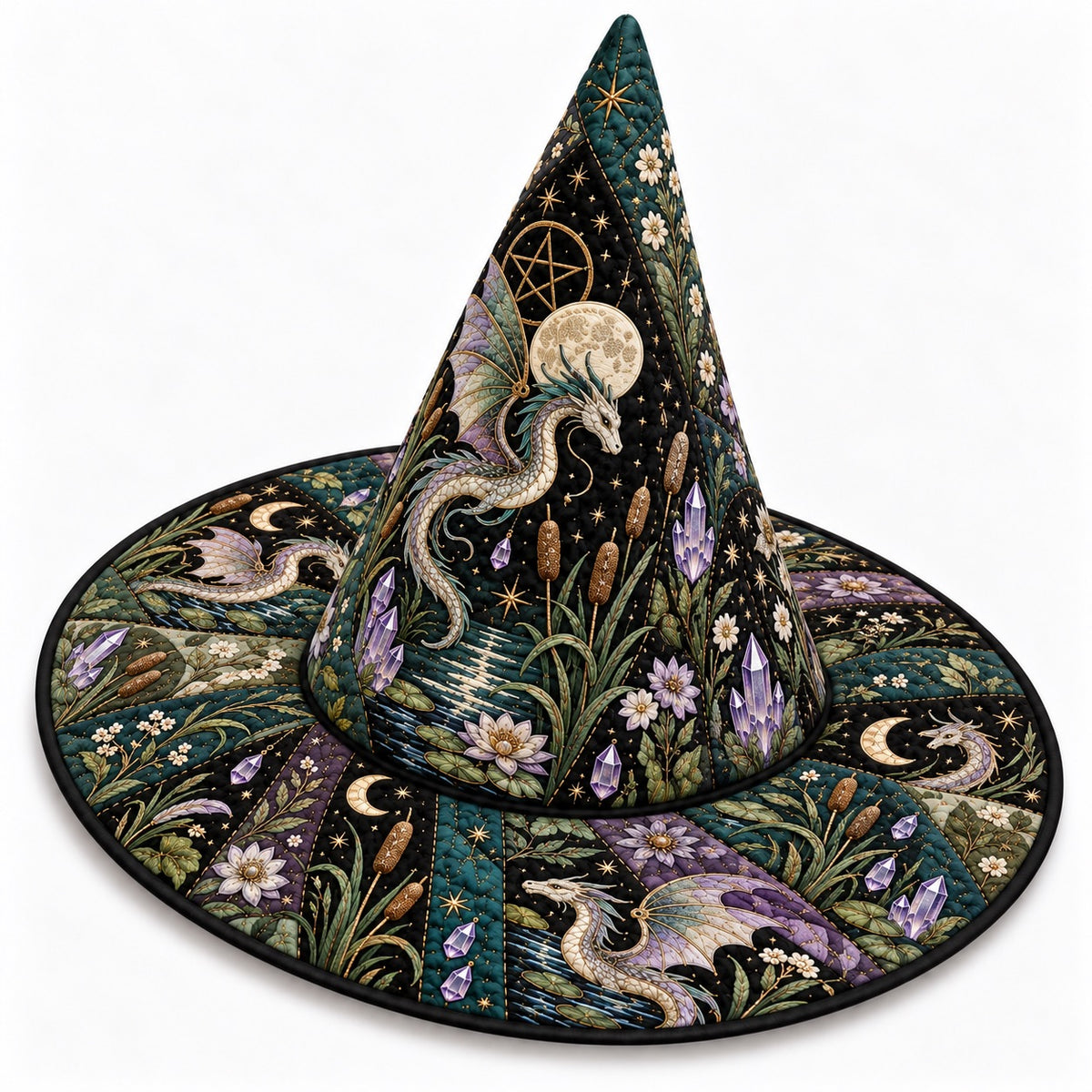 Water Dragon Quilted Witch Hat – Pentacle Moon Wiccan Wide Brim Hat – studio shot on a white background