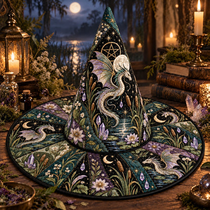 Water Dragon Quilted Witch Hat – Pentacle Moon Wiccan Wide Brim Hat – styled with candles and crystals