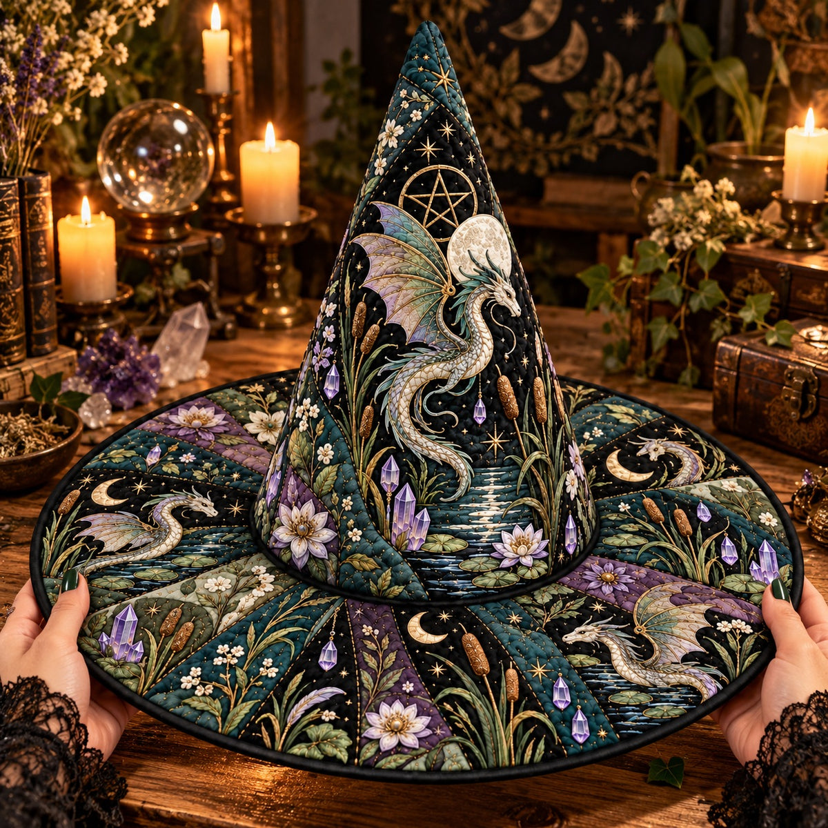 Water Dragon Quilted Witch Hat – Pentacle Moon Wiccan Wide Brim Hat – held in both hands