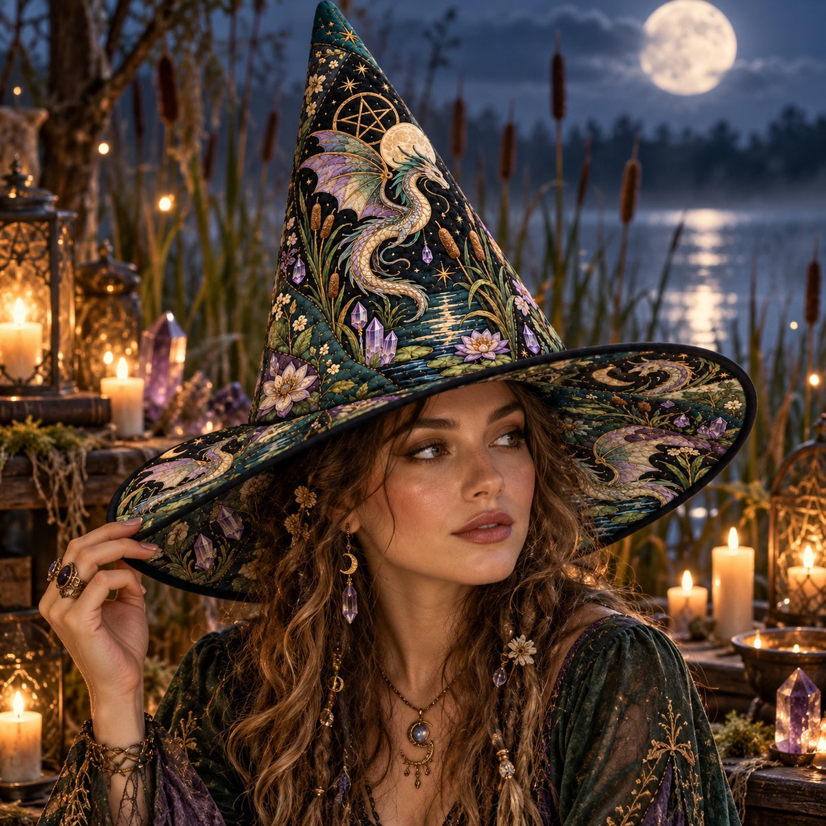 Water Dragon Quilted Witch Hat – Pentacle Moon Wiccan Wide Brim Hat – worn by a model