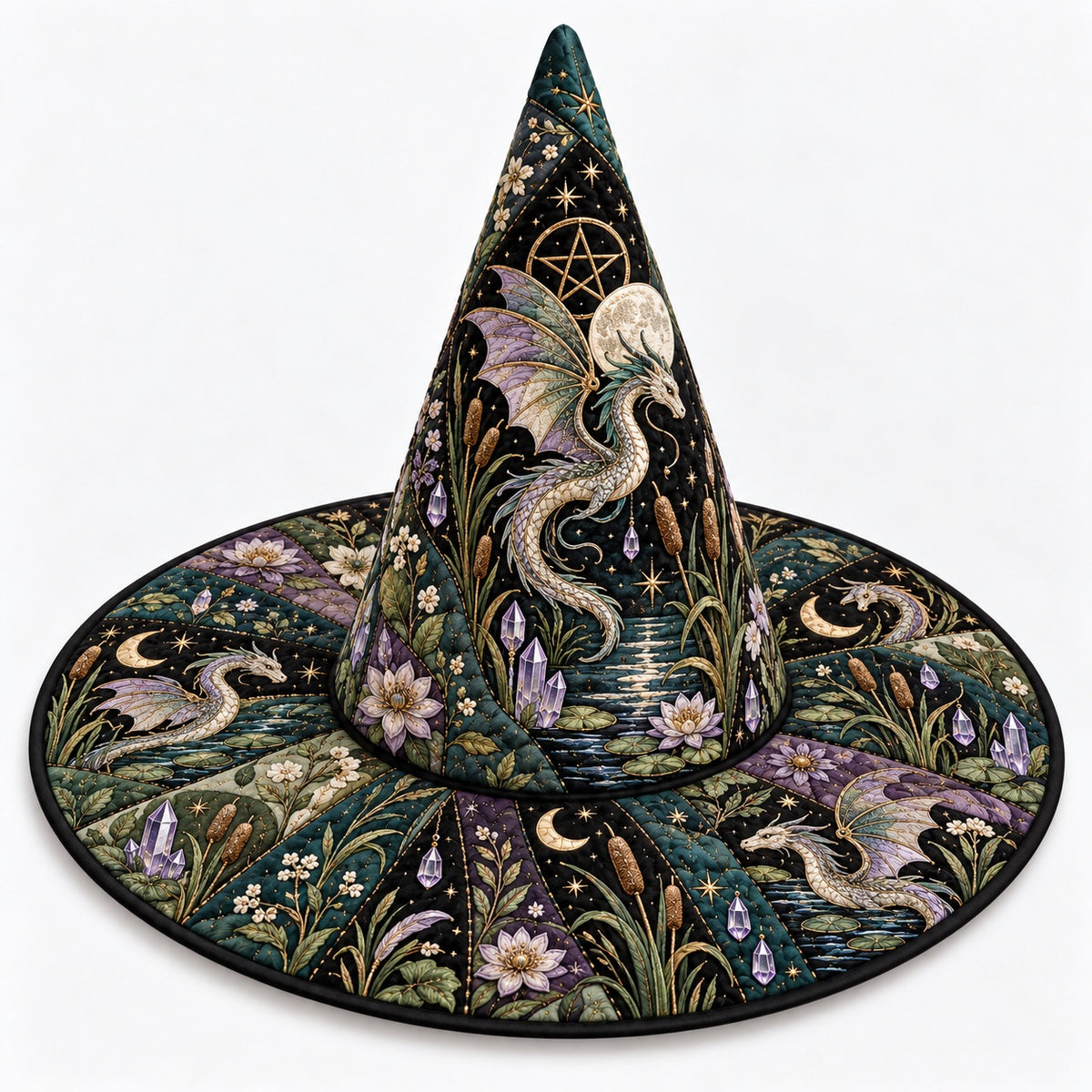 Water Dragon Quilted Witch Hat – Pentacle Moon Wiccan Wide Brim Hat – studio shot on a white background