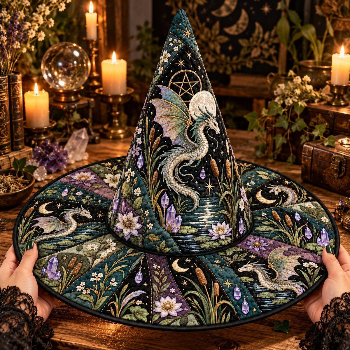 Water Dragon Quilted Witch Hat – Pentacle Moon Wiccan Wide Brim Hat – held in both hands