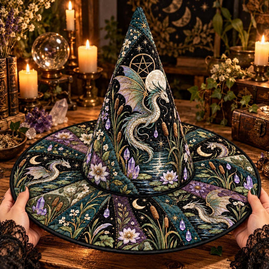 Water Dragon Quilted Witch Hat – Pentacle Moon Wiccan Wide Brim Hat – held in both hands
