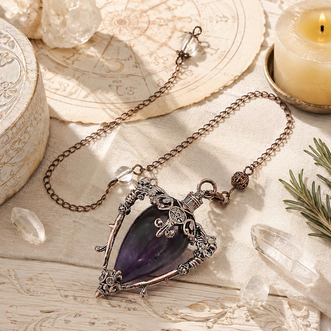 Amethyst water drop pendulum locket on a bright Pagan ritual altar