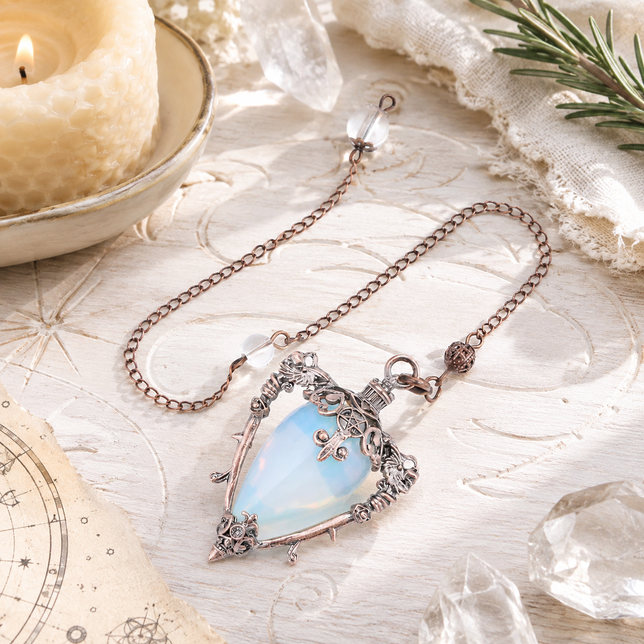 Opal water drop pendulum locket on a bright Pagan ritual altar