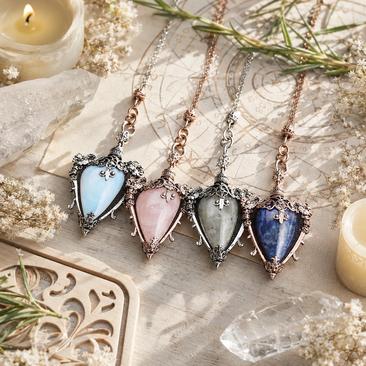 Crystal pendulum locket variants on a bright Pagan altar