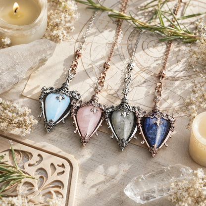 Crystal pendulum locket variants on a bright Pagan altar