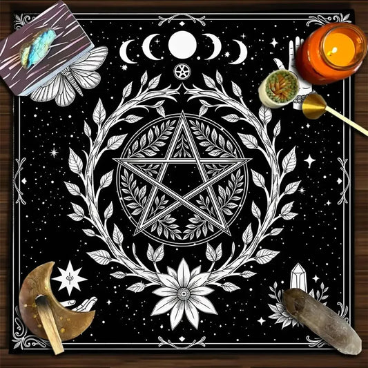 Watercolor Pentagram Triple Moon Tarot Altar Cloth Floral Mat-MoonChildWorld