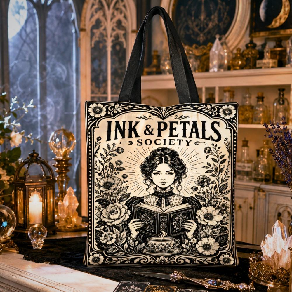 Gothic witchy tote bag printed with "Ink & Petals Society" text and an art nouveau illustration of a woman reading a book with a teacup, surrounded by flowers.