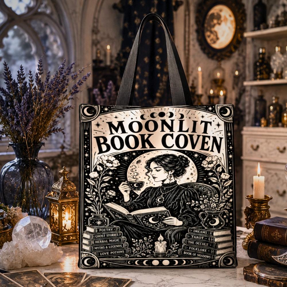 Gothic witchy tote bag printed with "Moonlit Book Coven" text and an art nouveau illustration of a woman reading by candlelight with stacked books and moon phases.