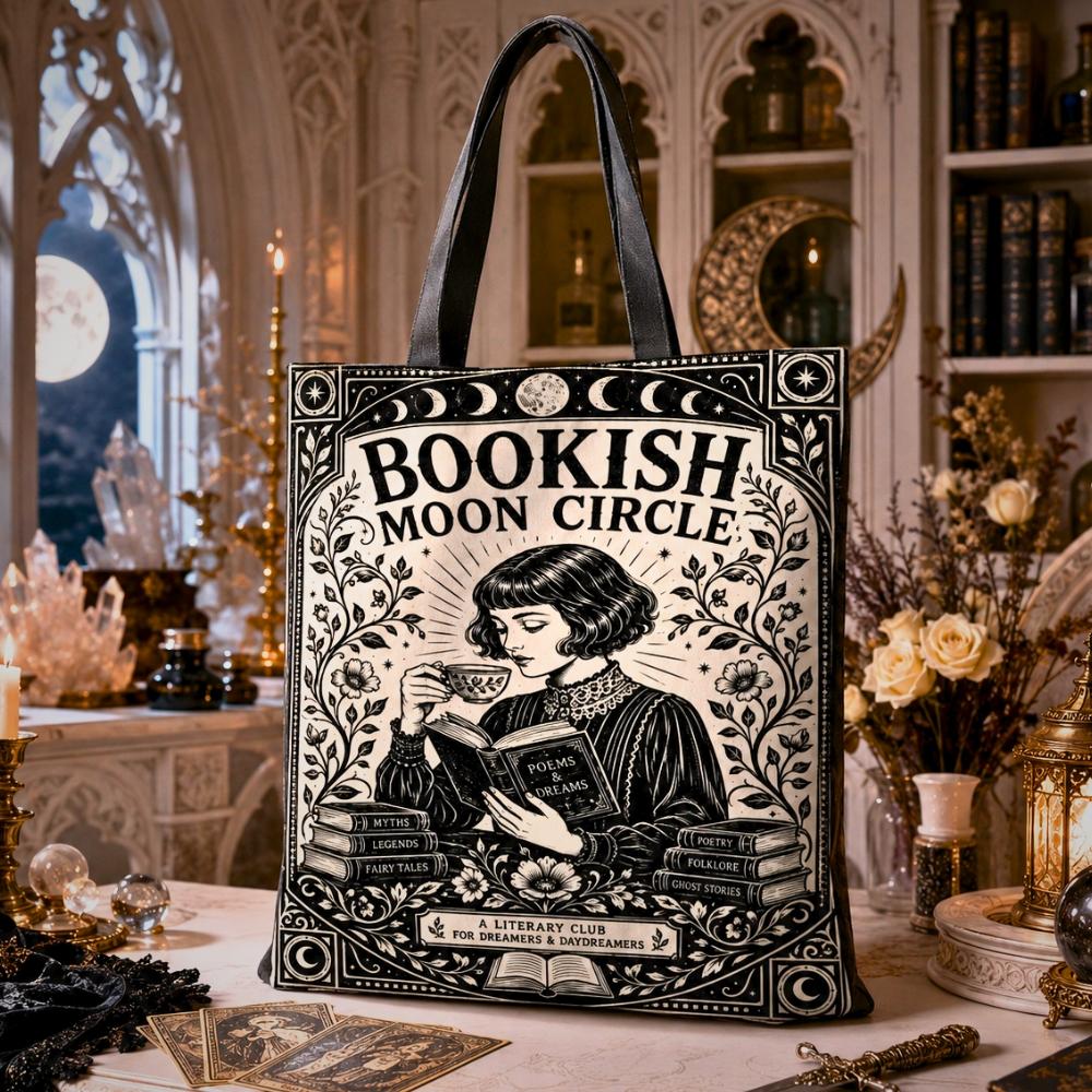 Gothic witchy tote bag printed with "Bookish Moon Circle" text, "A Literary Club for Dreamers & Daydreamers", and an art nouveau illustration of a woman reading with a teacup and stacked books.