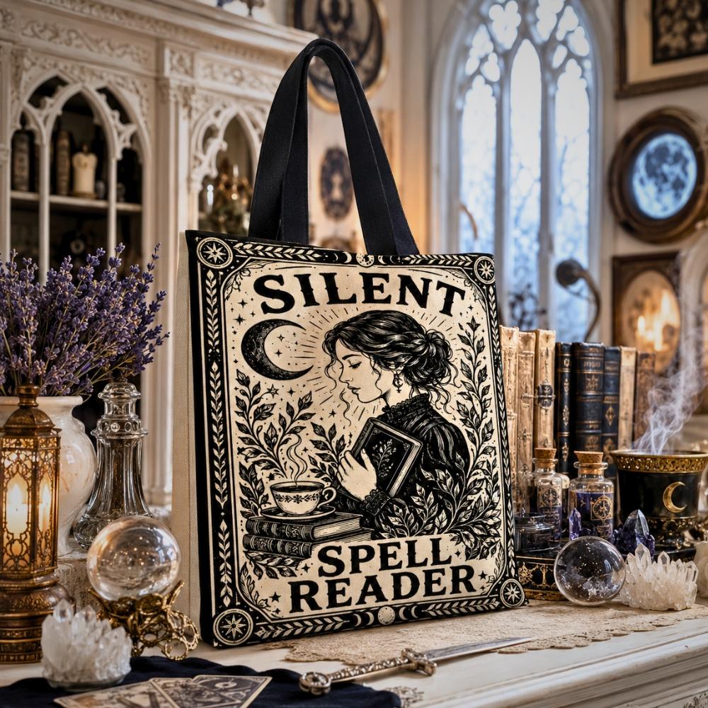 Gothic witchy tote bag printed with "Silent Spell Reader" text and an art nouveau illustration of a woman holding a teacup and an open book.