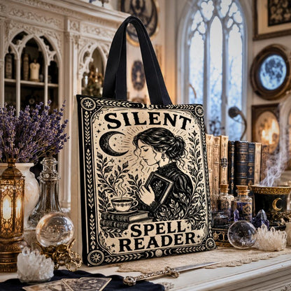 Gothic witchy tote bag printed with "Silent Spell Reader" text and an art nouveau illustration of a woman holding a teacup and an open book.