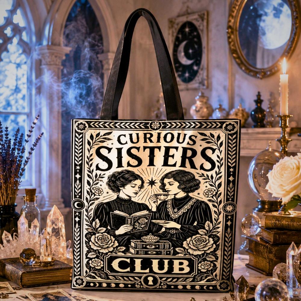 Gothic witchy tote bag printed with "Curious Sisters Club" text and an art nouveau illustration of two women reading a book together, surrounded by roses.