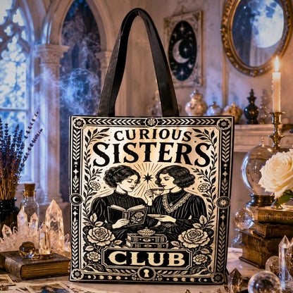 Gothic witchy tote bag printed with "Curious Sisters Club" text and an art nouveau illustration of two women reading a book together, surrounded by roses.