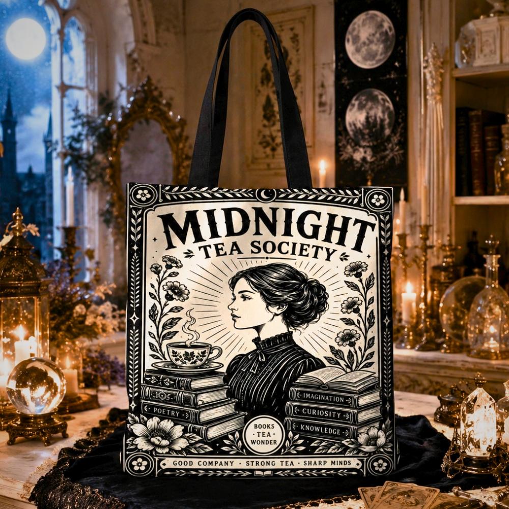 Gothic witchy tote bag printed with "Midnight Tea Society" text, "Good Company, Strong Tea, Sharp Minds", and an art nouveau illustration of a woman in profile with a teacup and stacked books.