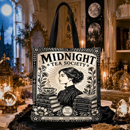 Gothic witchy tote bag printed with "Midnight Tea Society" text, "Good Company, Strong Tea, Sharp Minds", and an art nouveau illustration of a woman in profile with a teacup and stacked books.