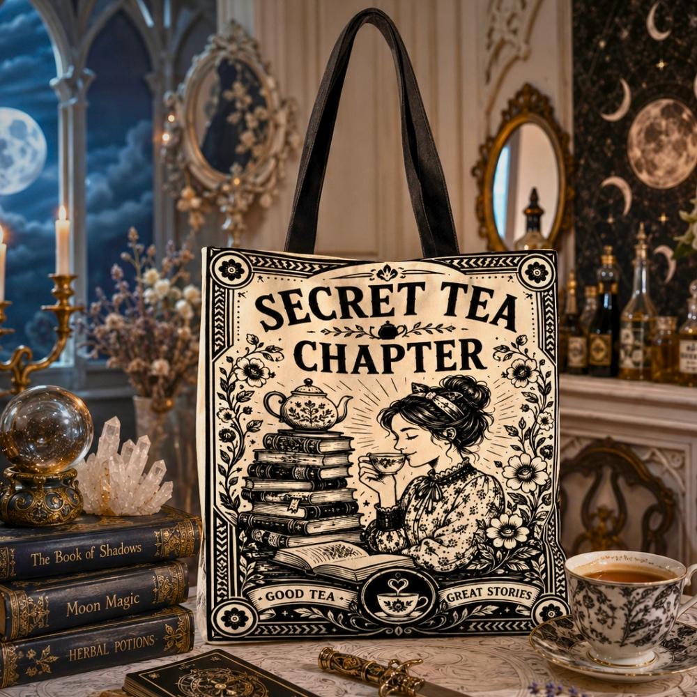 Gothic witchy tote bag printed with "Secret Tea Chapter" text, "Good Tea, Great Stories", and an art nouveau illustration of a woman drinking tea beside stacked books and a teapot.