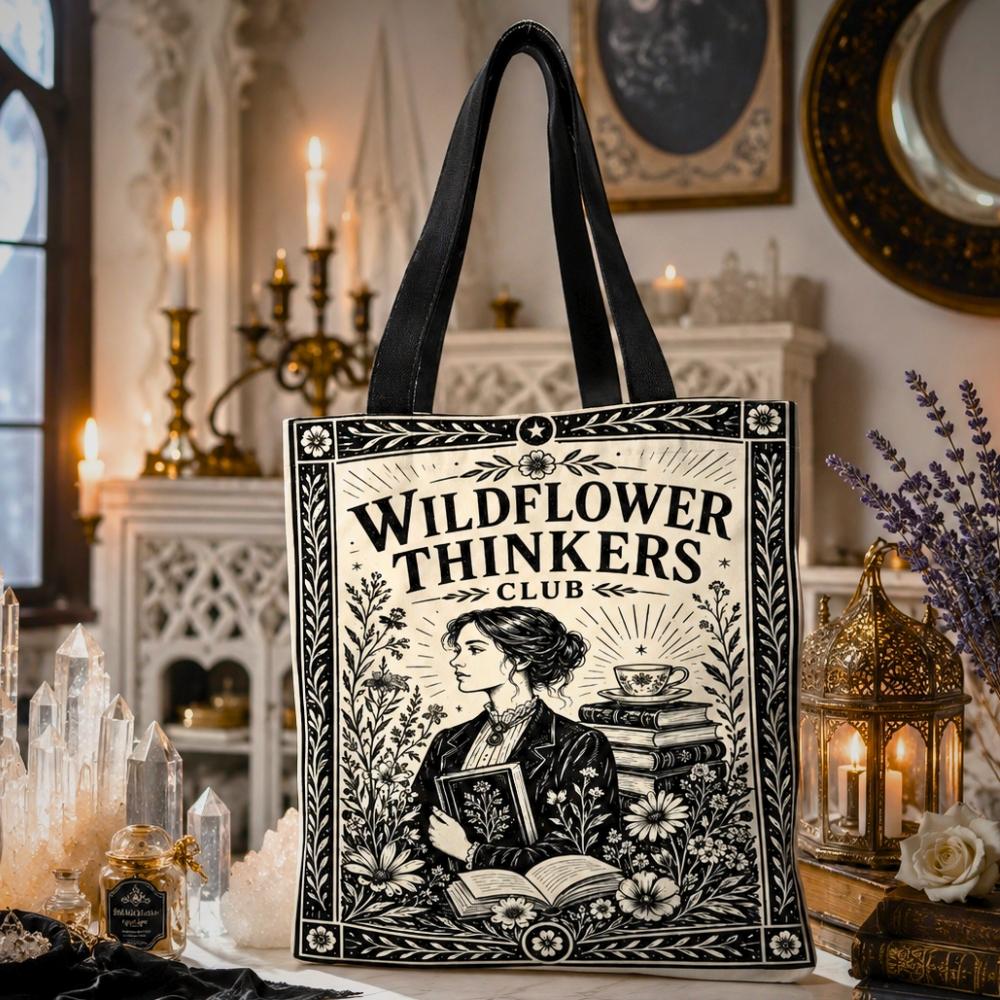 Gothic witchy tote bag printed with "Wildflower Thinkers Club" text and an art nouveau illustration of a woman holding an open book, surrounded by wildflowers and a teacup.