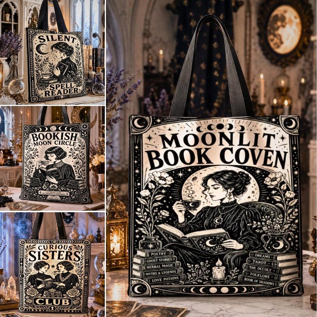 Collage of gothic witchy tote bag designs with art nouveau woman illustrations and text reading Silent Spell Reader, Bookish Moon Circle, Curious Sisters Club, and Moonlit Book Coven.