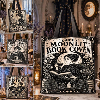 Collage of gothic witchy tote bag designs with art nouveau woman illustrations and text reading Silent Spell Reader, Bookish Moon Circle, Curious Sisters Club, and Moonlit Book Coven.