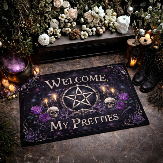 Black Witchcraft Pentagram Welcome My Pretties doormat with purple roses, skulls, and candles.