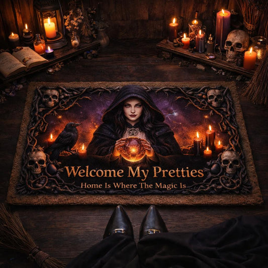 Witchy doormat with a hooded witch, raven, skulls, and "Welcome My Pretties" text, surrounded by candles.