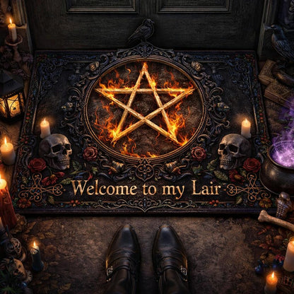 Gothic "Welcome to my Lair" doormat with a fiery pentacle, skulls, and roses, surrounded by candles.