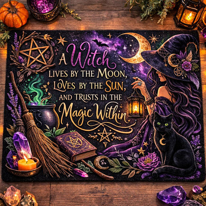 Black witchy doormat with a witch, black cat, moon, broom, pentacle, and "A Witch Lives By The Moon..." text.