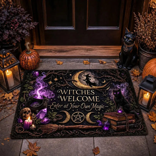 Welcome Witches Gothic Doormat with Black Cat, Triple Moon- Occult Wicca Welcome Mat Witch Home Decor_mockup_1.webp