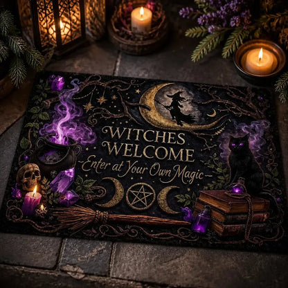 Welcome Witches Gothic Doormat with Black Cat, Triple Moon- Occult Wicca Welcome Mat Witch Home Decor_mockup_2.webp