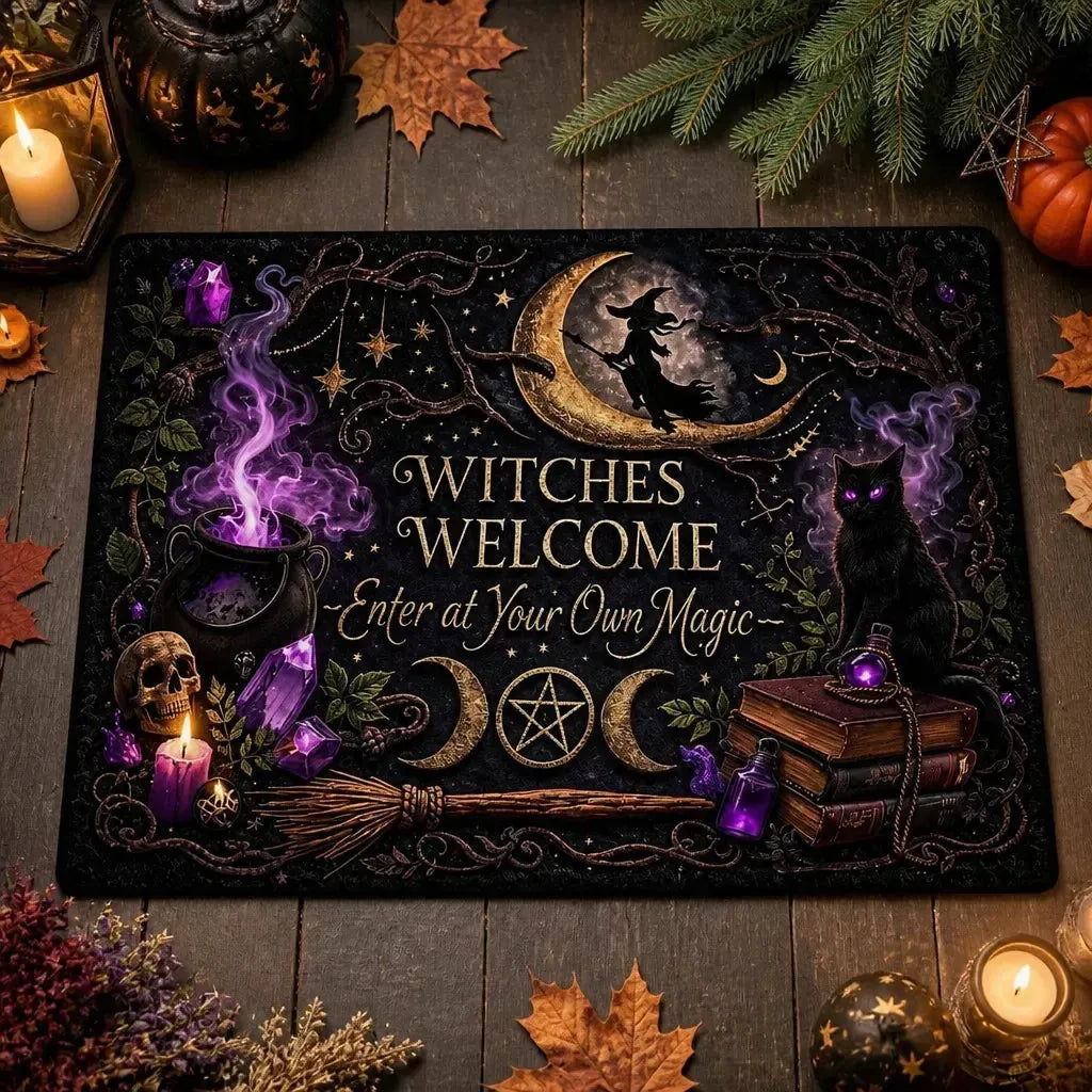 Welcome Witches Gothic Doormat with Black Cat, Triple Moon- Occult Wicca Welcome Mat Witch Home Decor_mockup_3.webp