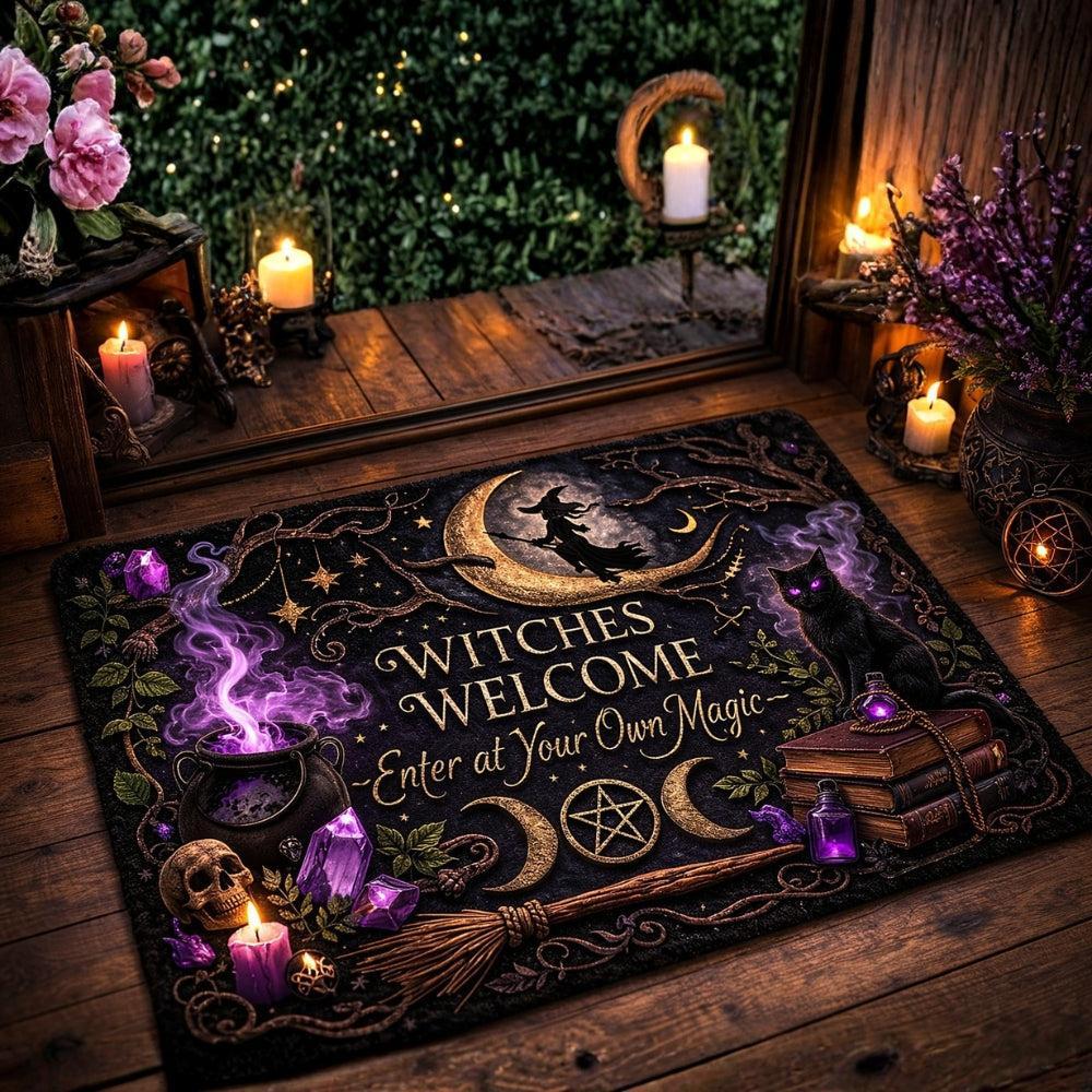 Welcome Witches Gothic Doormat with Black Cat, Triple Moon- Occult Wicca Welcome Mat Witch Home Decor-MoonChildWorld