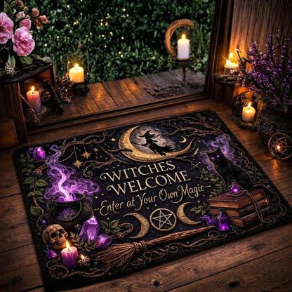 Black gothic doormat with "Witches Welcome" text, a witch on a crescent moon, black cat, cauldron, and triple moon.