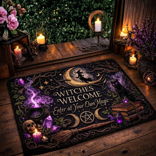 Black gothic doormat with "Witches Welcome" text, a witch on a crescent moon, black cat, cauldron, and triple moon.