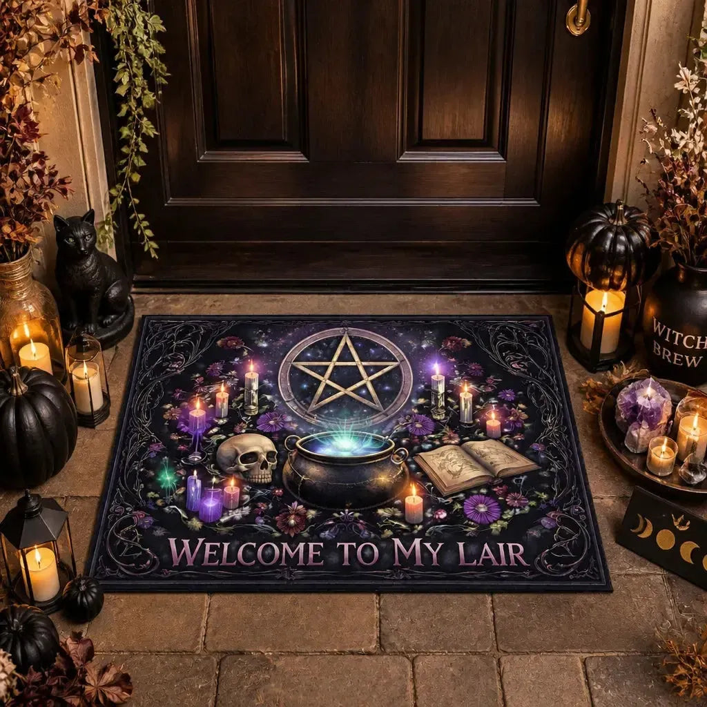 "Welcome to My Lair" Gothic Witch Doormat with Pentacle - Halloween Welcome Mat for Witch Decor_mockup_1.webp