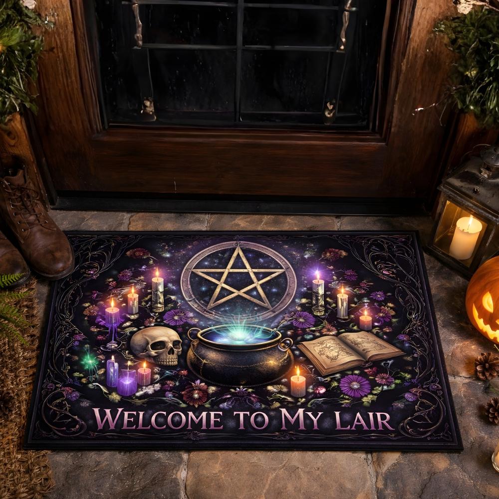 Gothic witch doormat with a glowing pentacle, cauldron, skull, candles, and "Welcome to My Lair" text.