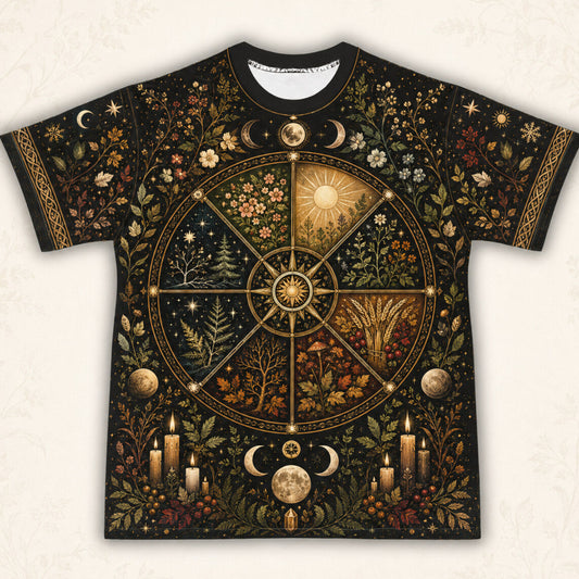 Wheel Of The Year Seasons T-Shirt Sabbat Candle Pagan Tee front view