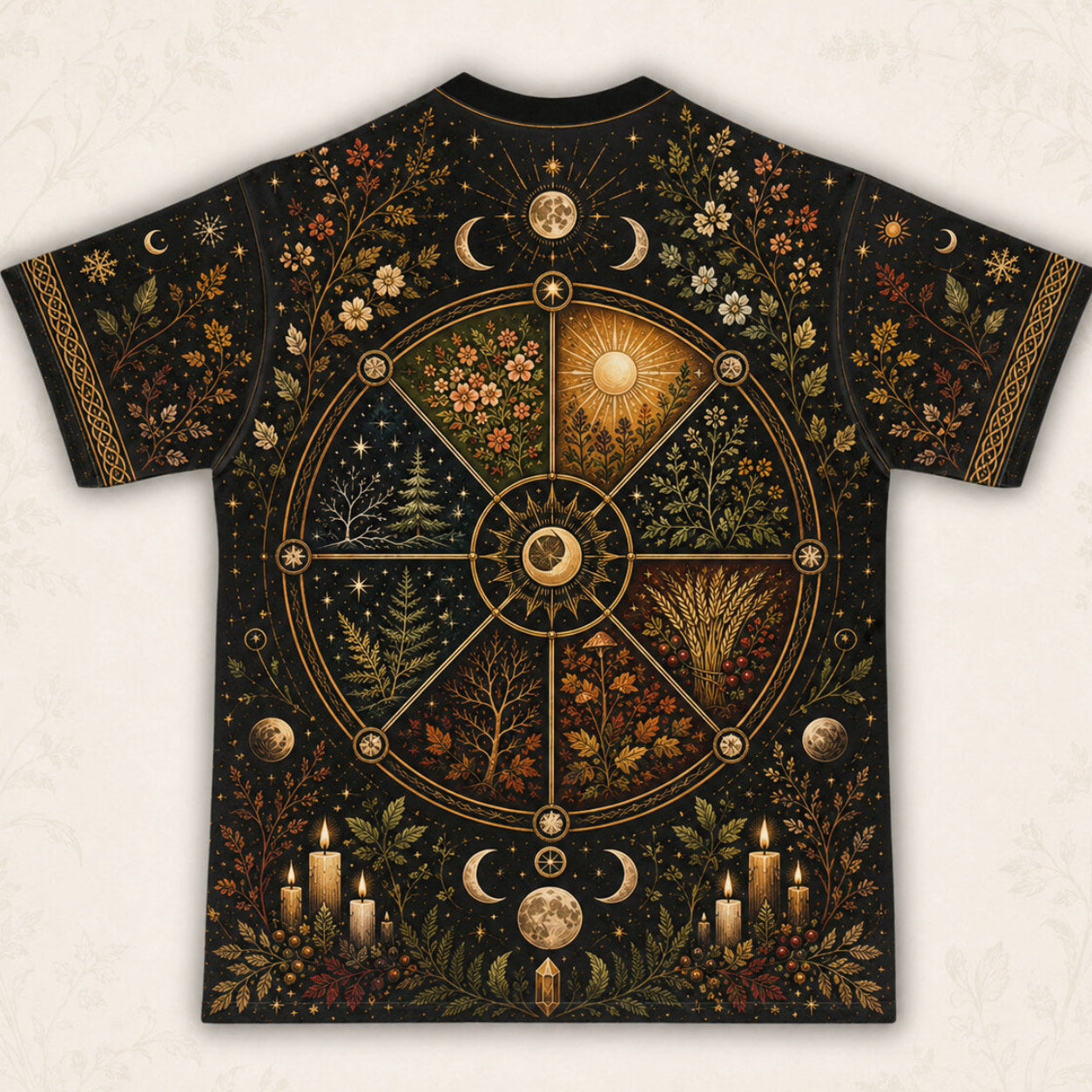 Wheel Of The Year Seasons T-Shirt Sabbat Candle Pagan Tee back view