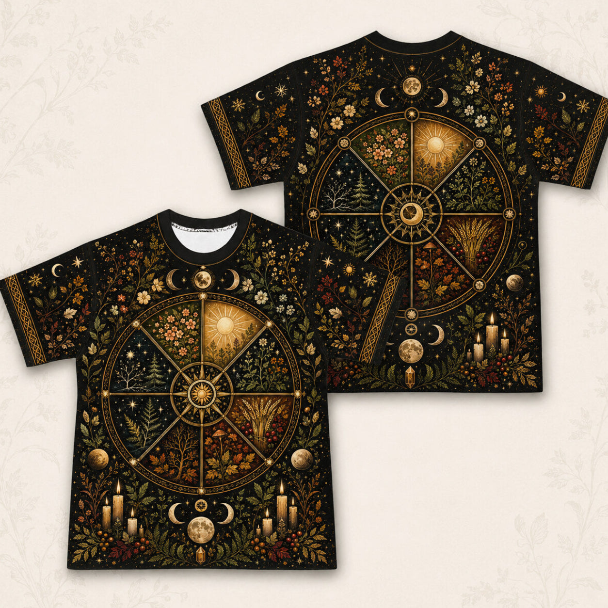 Wheel Of The Year Seasons T-Shirt Sabbat Candle Pagan Tee front and back together