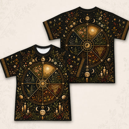 Wheel Of The Year Seasons T-Shirt Sabbat Candle Pagan Tee front and back together