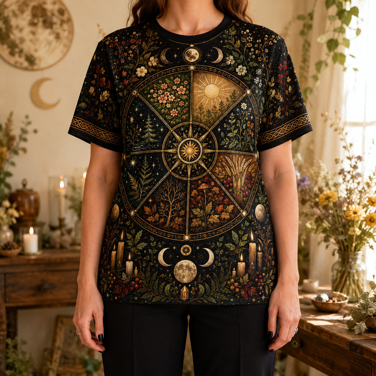 Wheel Of The Year Seasons T-Shirt Sabbat Candle Pagan Tee worn, front view