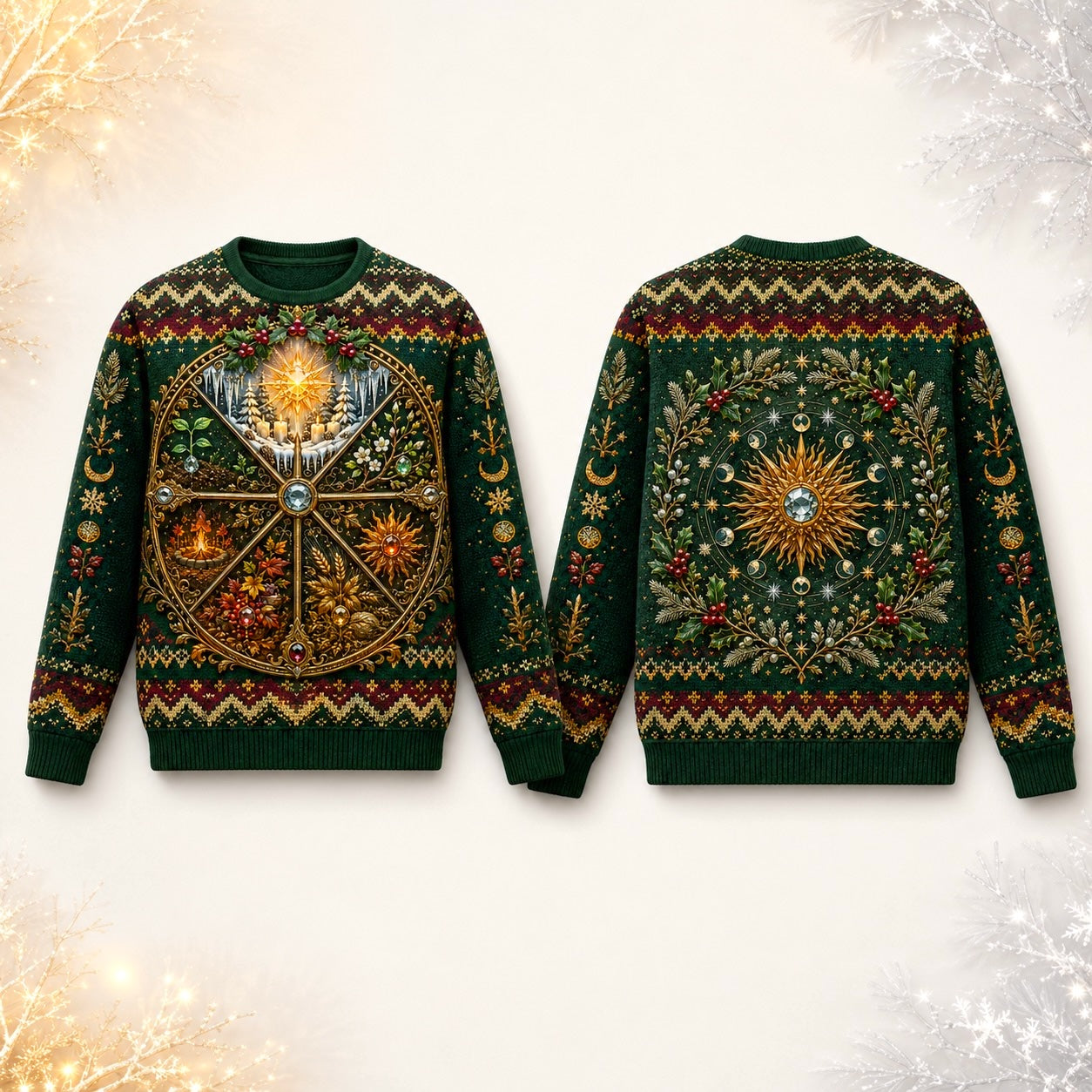 Wheel Of The Year Sweater Sabbat Candle Green Pagan Knit front and back together
