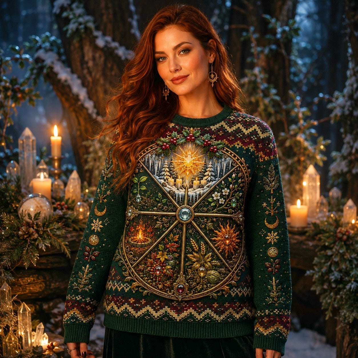 Wheel Of The Year Sweater Sabbat Candle Green Pagan Knit worn, front view