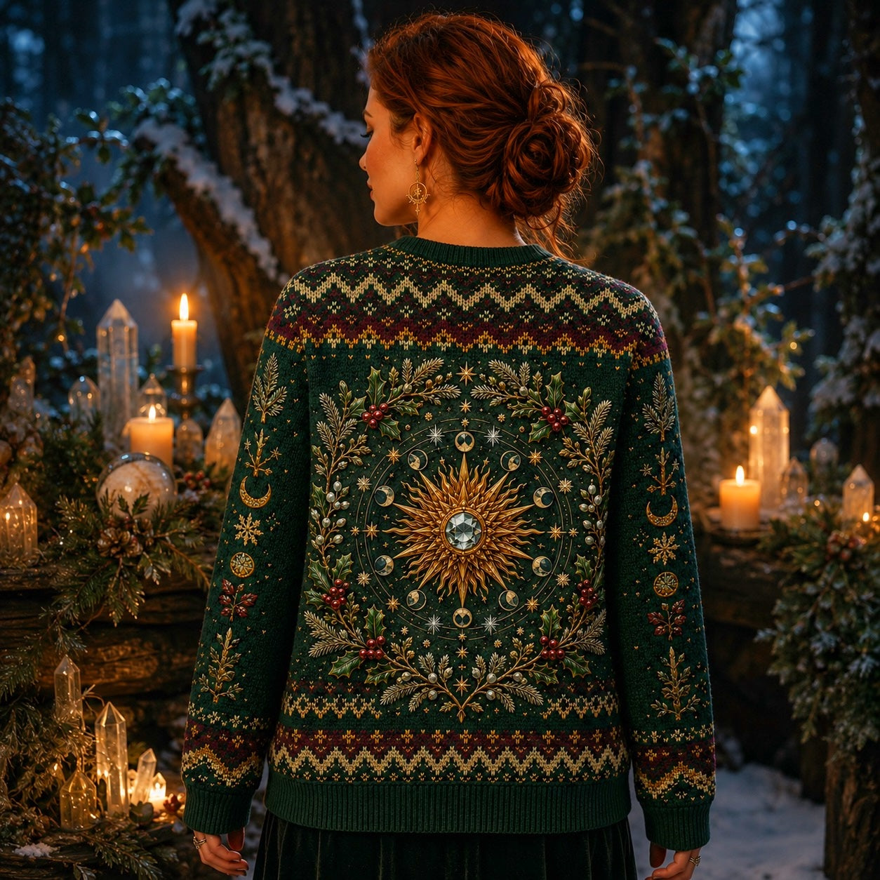 Wheel Of The Year Sweater Sabbat Candle Green Pagan Knit worn, back view