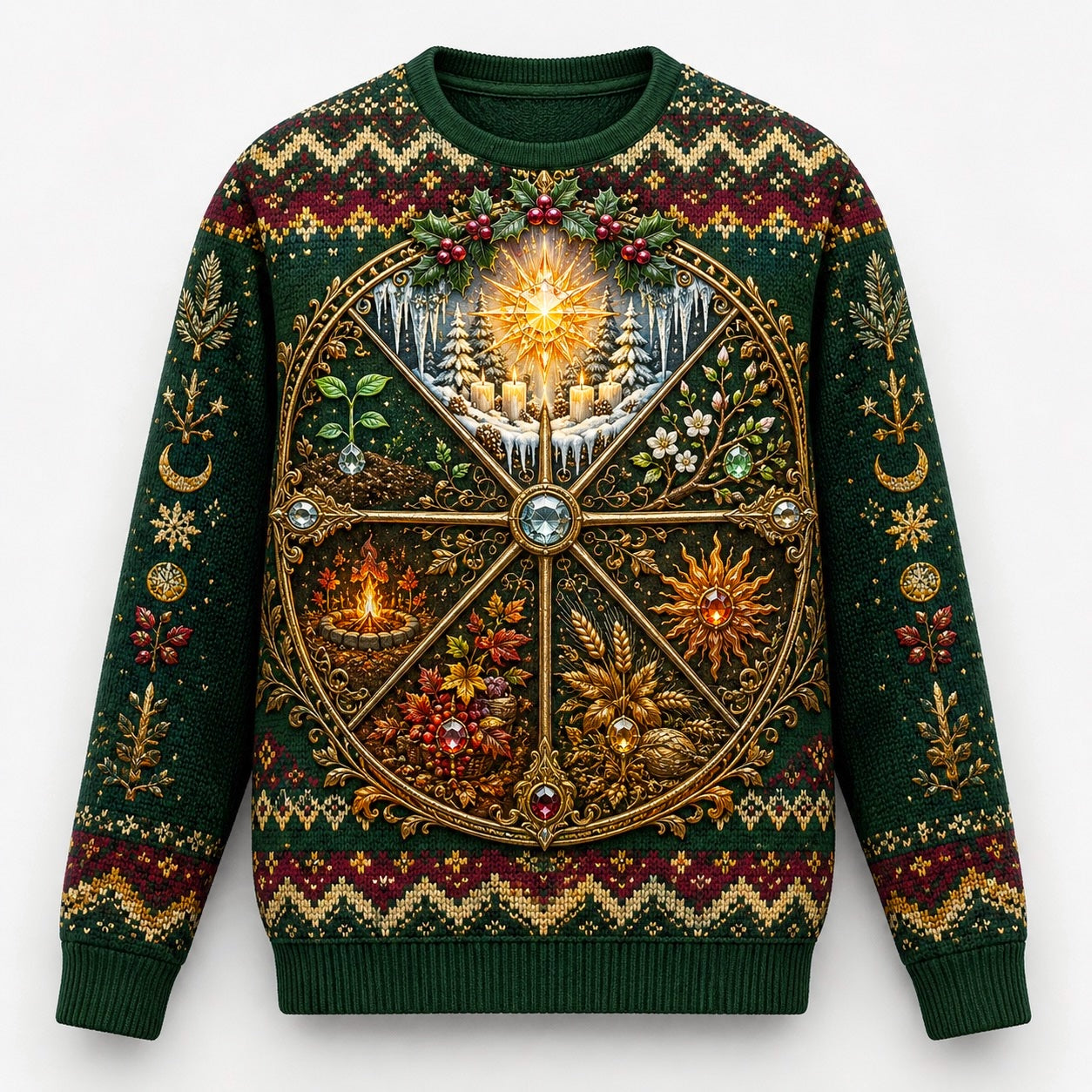 Wheel Of The Year Sweater Sabbat Candle Green Pagan Knit front view