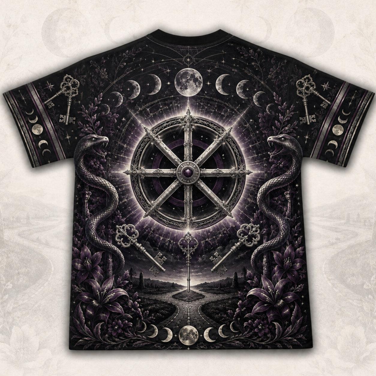 Wheel Of The Year T-Shirt Torch Moon Phases Sabbat Pagan Tee back view